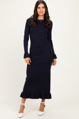 Navy Ribbed Long Sleeve Sweater Midi Dress