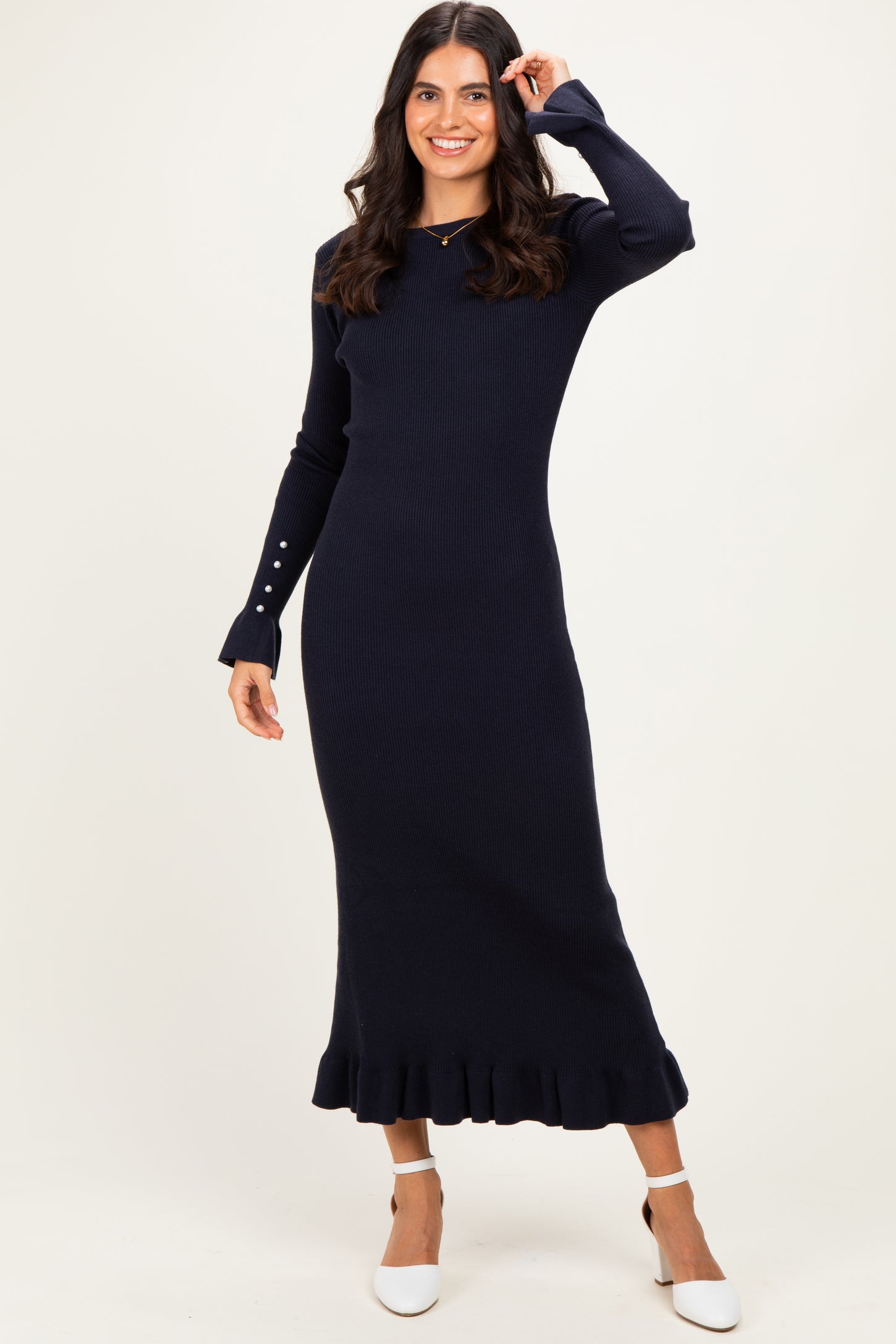 Navy Ribbed Long Sleeve Sweater Midi Dress