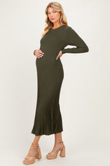 Olive Ribbed Long Sleeve Maternity Sweater Midi Dress