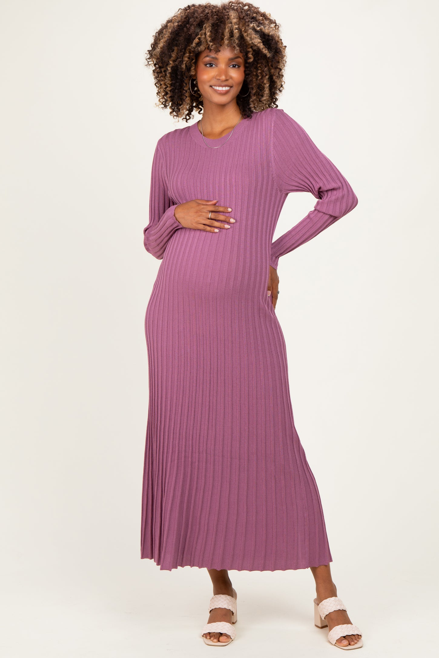 Mauve Ribbed Long Sleeve Maternity Sweater Midi Dress