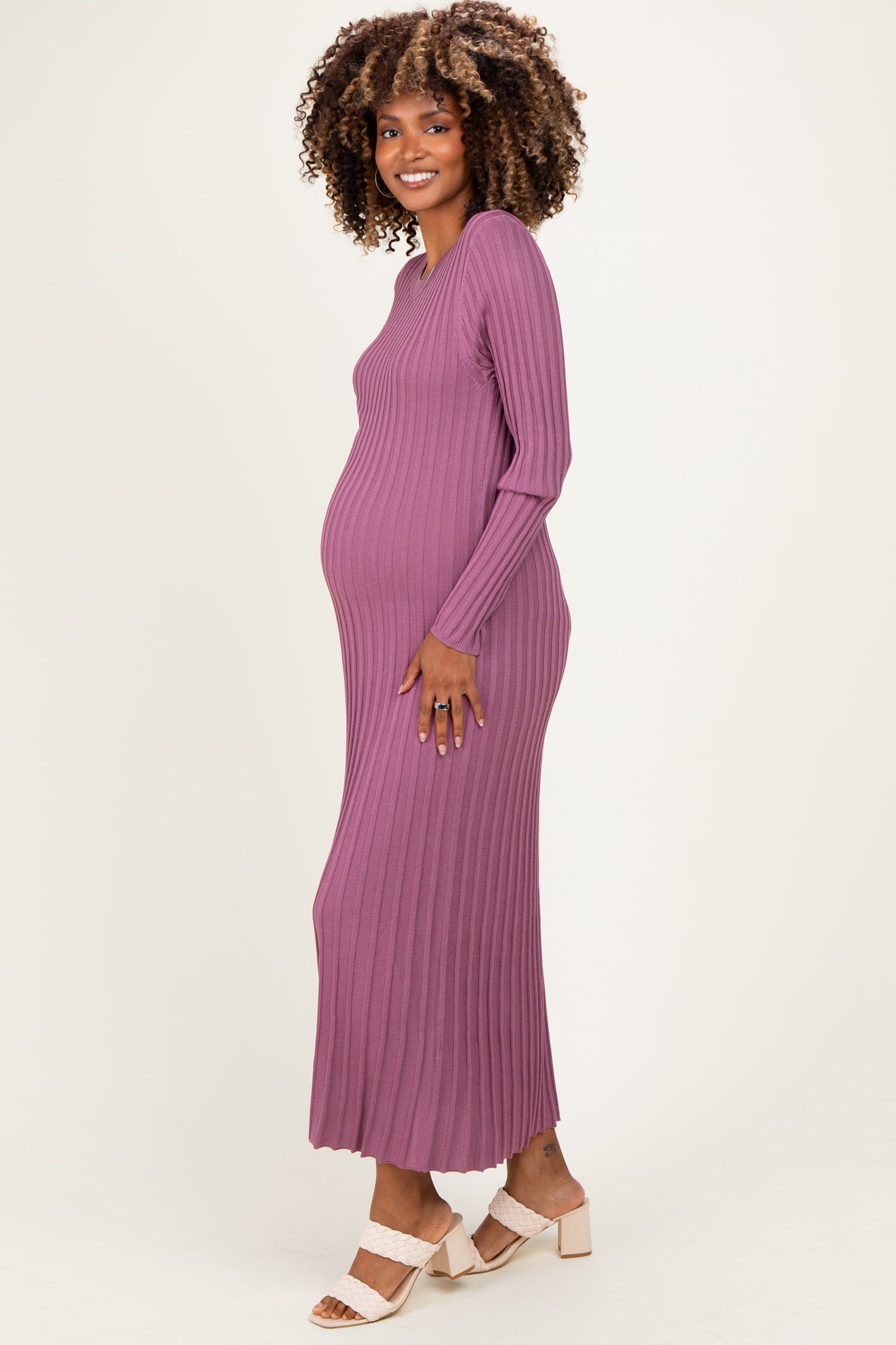 Mauve Ribbed Long Sleeve Maternity Sweater Midi Dress