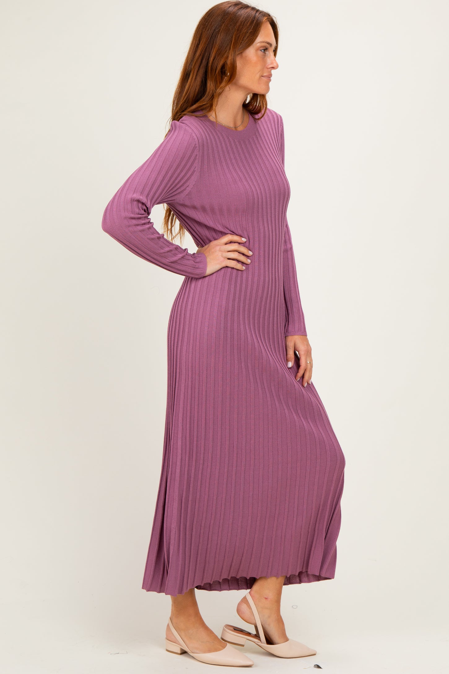 Mauve Ribbed Long Sleeve Sweater Midi Dress