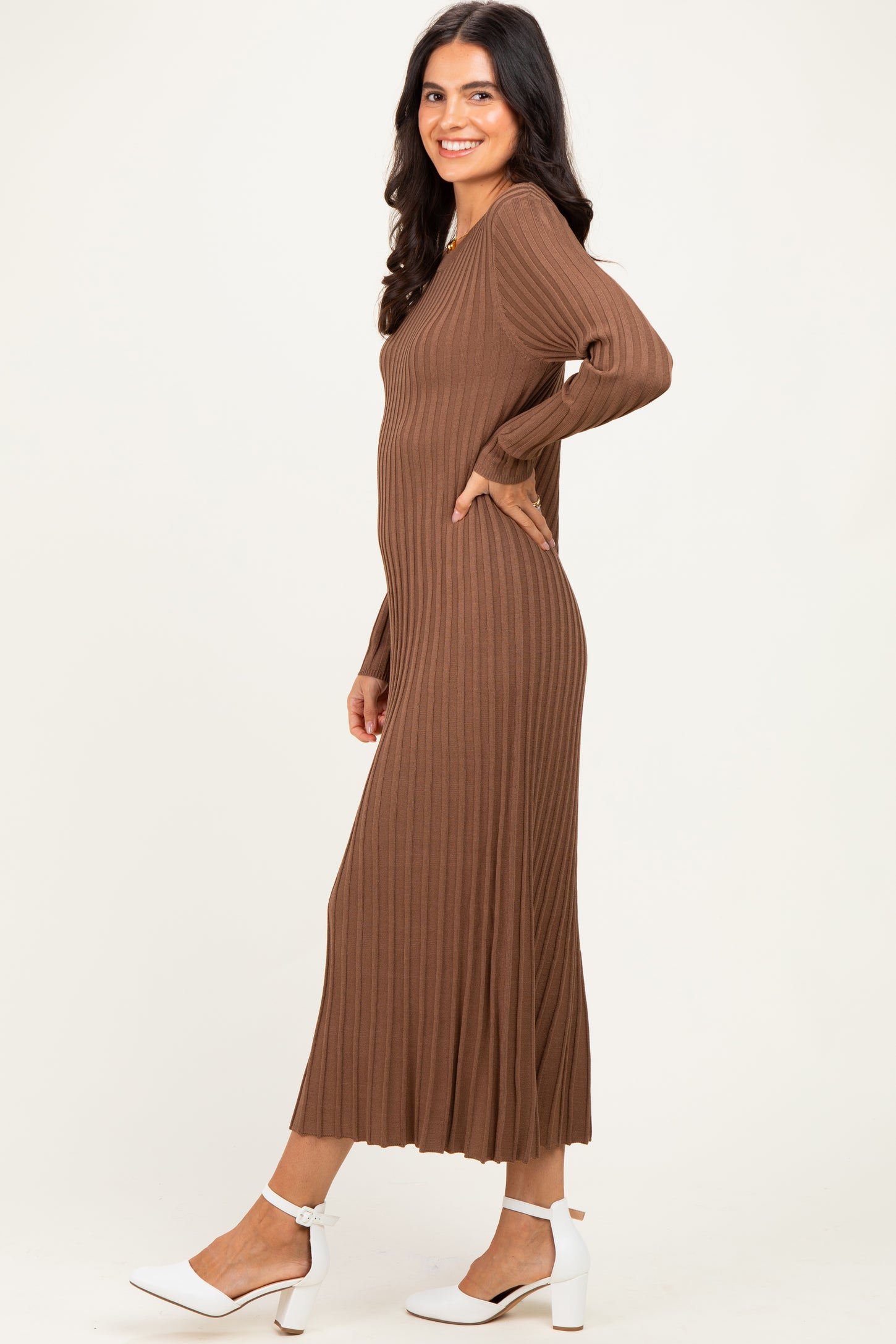 Mocha Ribbed Long Sleeve Sweater Midi Dress