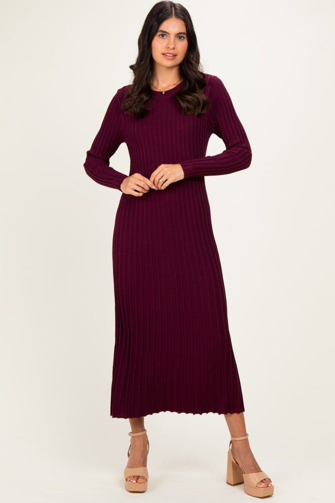 Burgundy Ribbed Long Sleeve Maternity Sweater Midi Dress