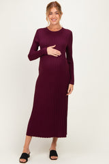 Burgundy Ribbed Long Sleeve Maternity Sweater Midi Dress