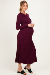 Burgundy Ribbed Long Sleeve Maternity Sweater Midi Dress