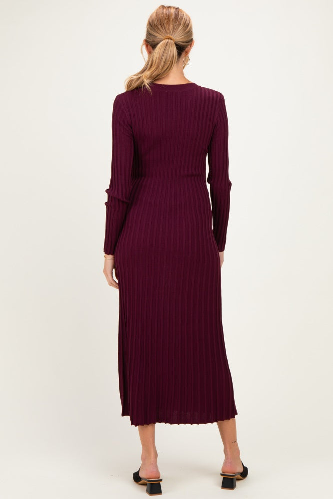 Burgundy Ribbed Long Sleeve Maternity Sweater Midi Dress
