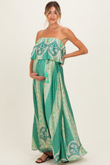 Green Printed Satin Flounce Strapless Maternity Maxi Dress