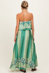 Green Printed Satin Flounce Strapless Maternity Maxi Dress