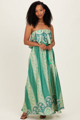 Green Printed Satin Flounce Strapless Maxi Dress