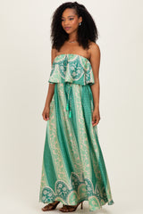 Green Printed Satin Flounce Strapless Maxi Dress