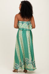 Green Printed Satin Flounce Strapless Maxi Dress