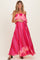 Fuchsia Printed Satin Flounce Strapless Maternity Maxi Dress