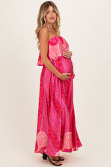 Fuchsia Printed Satin Flounce Strapless Maternity Maxi Dress
