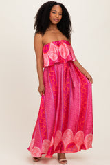 Fuchsia Printed Satin Flounce Strapless Maternity Maxi Dress
