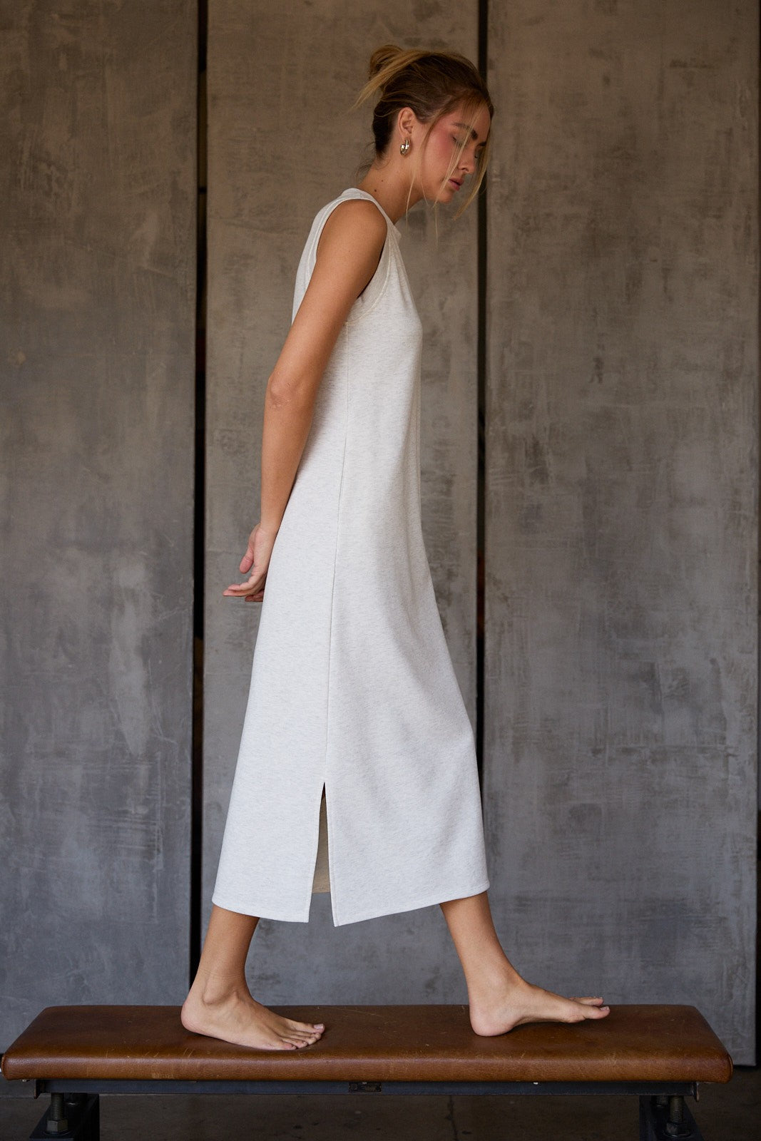 Light Heather Grey Sleeveless Side Slit Midi Dress
