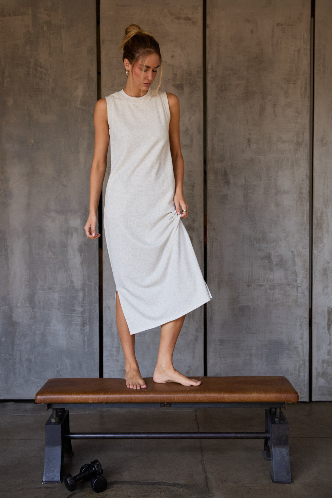 Light Heather Grey Sleeveless Side Slit Midi Dress