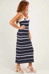 Navy Shoulder Tie Striped Knit Maxi Dress