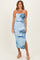 Blue Printed Ruched Fitted Midi Dress