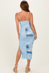 Blue Printed Ruched Fitted Midi Dress