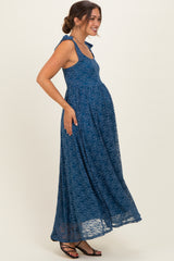 Blue Sleeveless Lace Maternity Maxi Dress