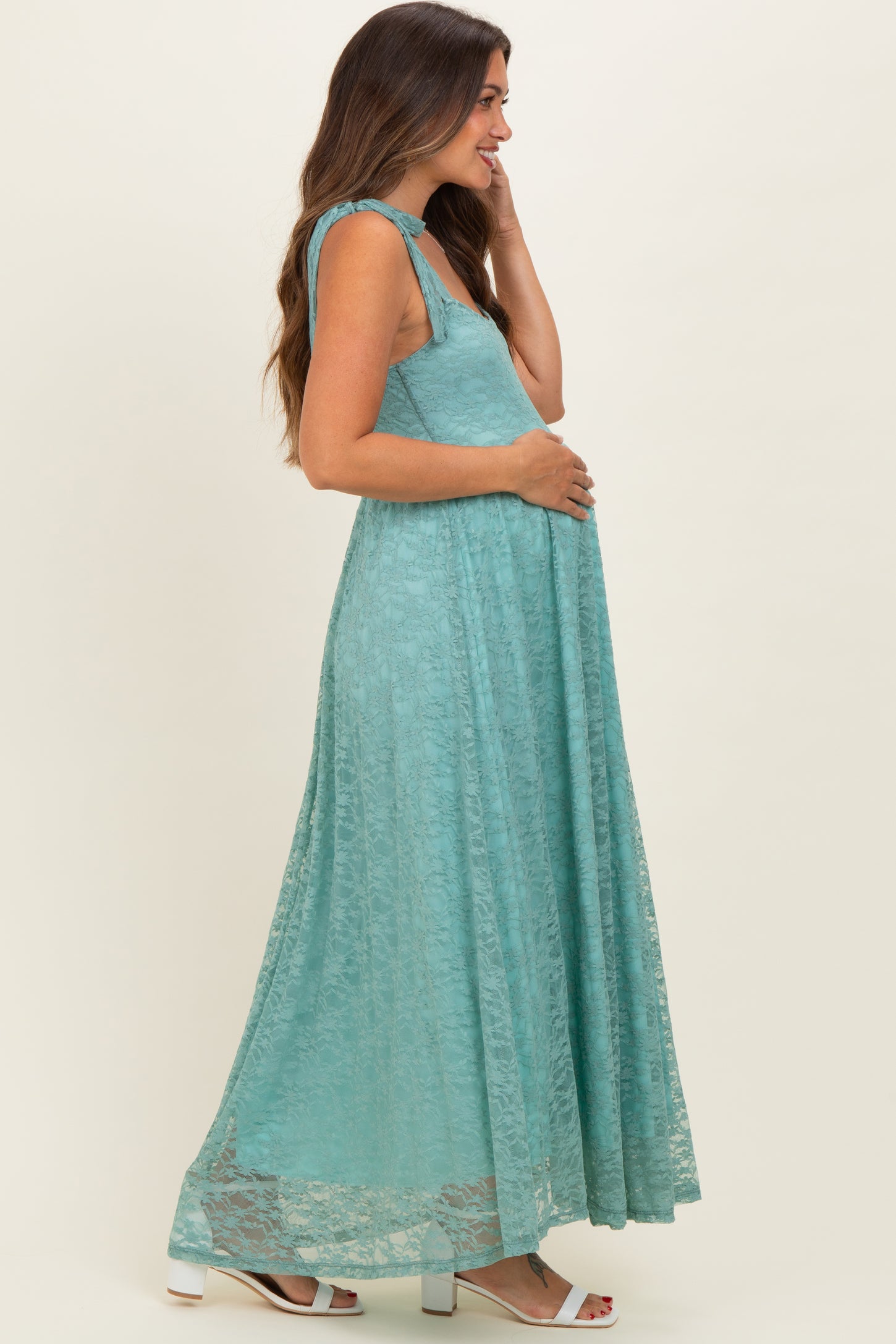 Mint Sleeveless Lace Maternity Maxi Dress