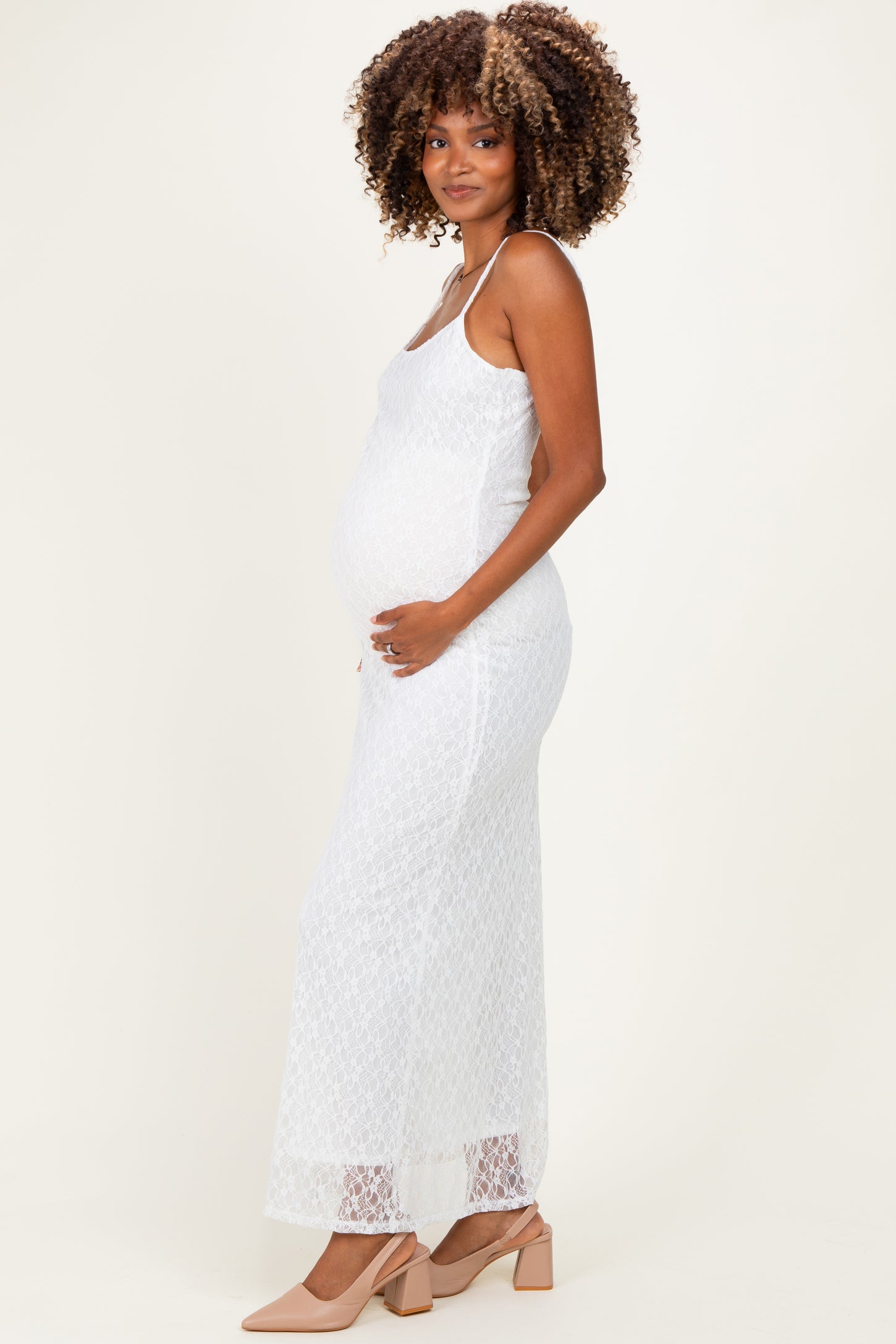 Ivory Sleeveless Lace Square Neck Maternity Maxi Dress