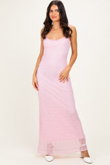 Pink Sleeveless Lace Square Neck Maxi Dress