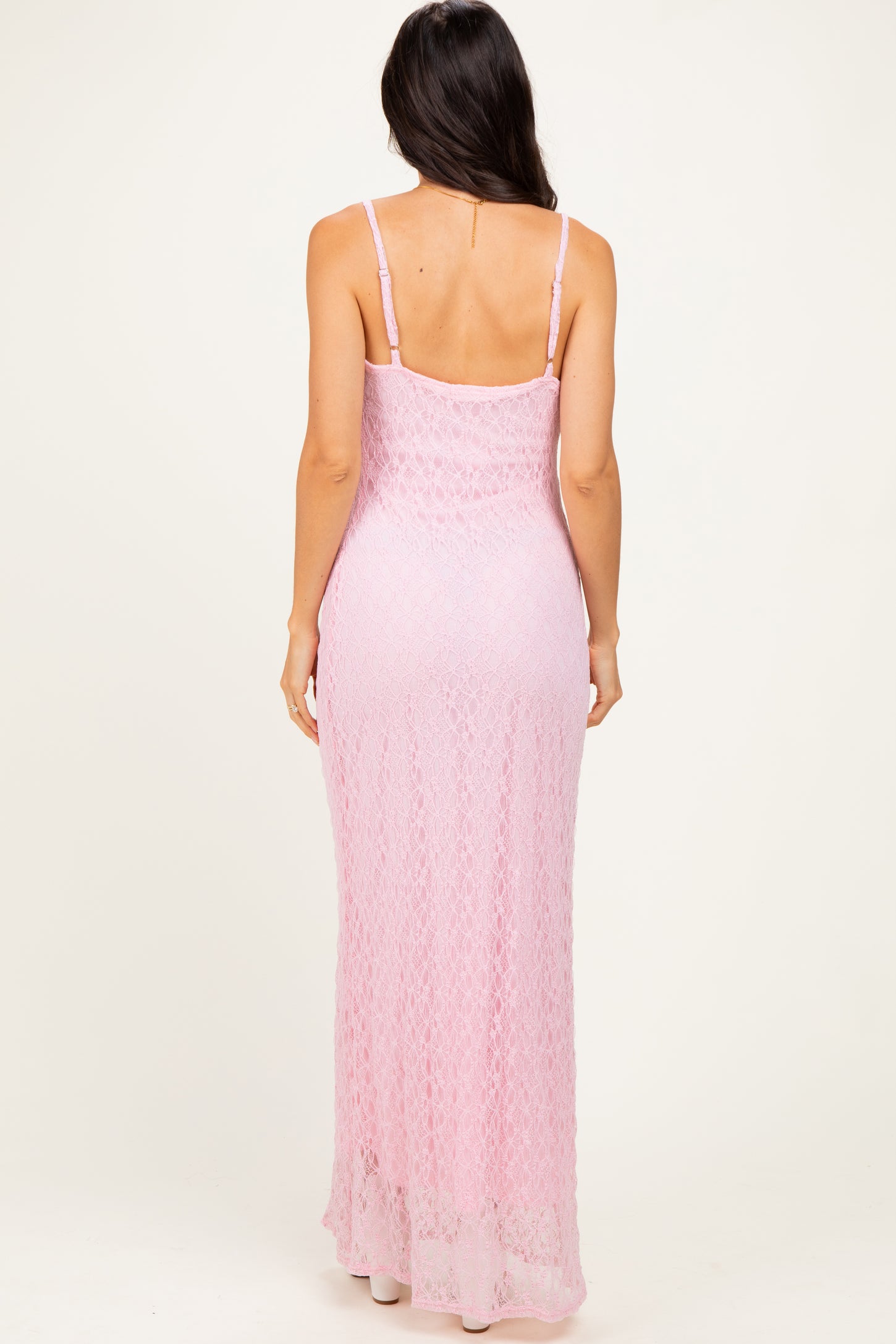 Pink Sleeveless Lace Square Neck Maxi Dress