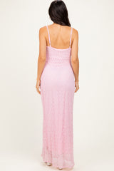 Pink Sleeveless Lace Square Neck Maxi Dress
