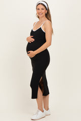 Black Contrast Double Strap Maternity Midi Dress