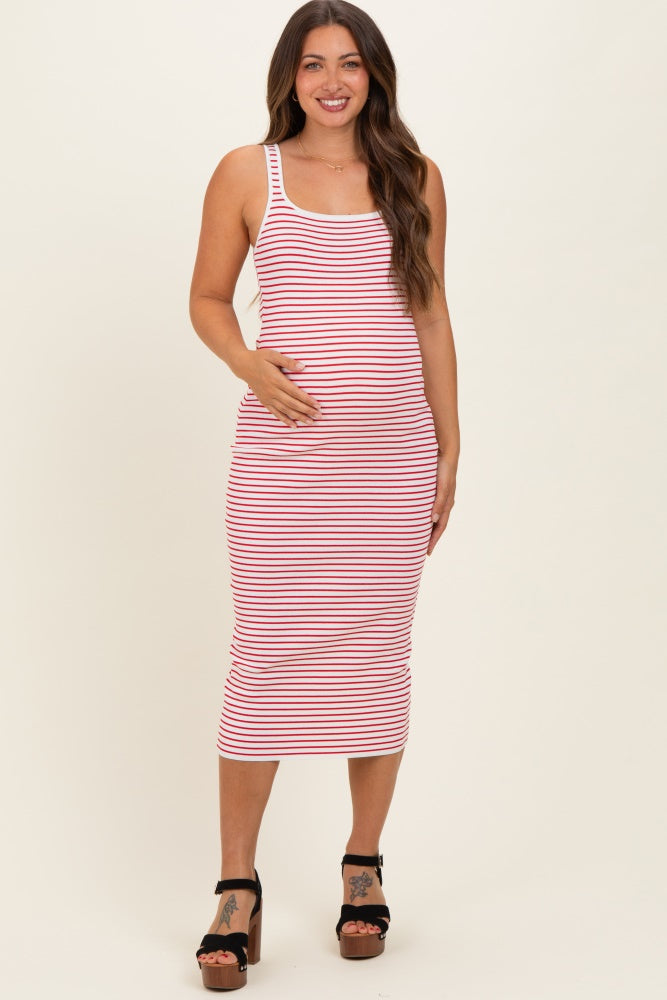 Red Striped Fitted Maternity Midi Tank Dress