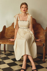 Cream Scallop Edge Side Cutout Midi Dress