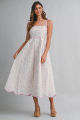 Pink Floral Scallop Hem Shoulder Tie Maternity Midi Dress