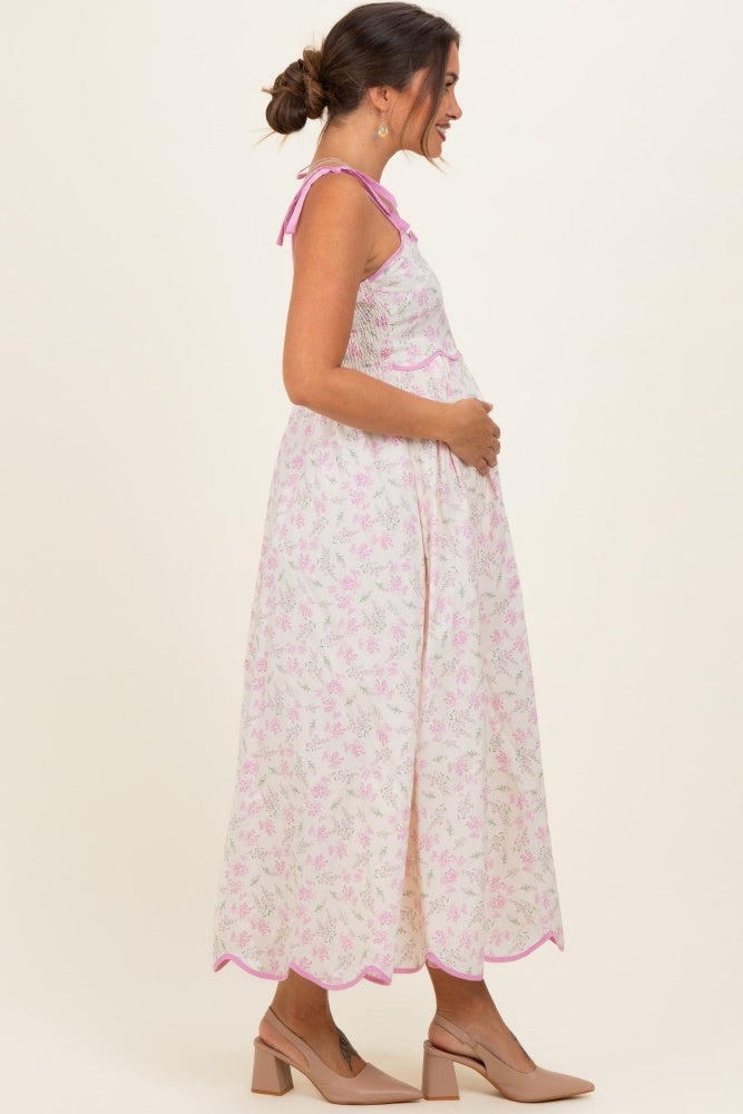 Pink Floral Scallop Hem Shoulder Tie Maternity Midi Dress