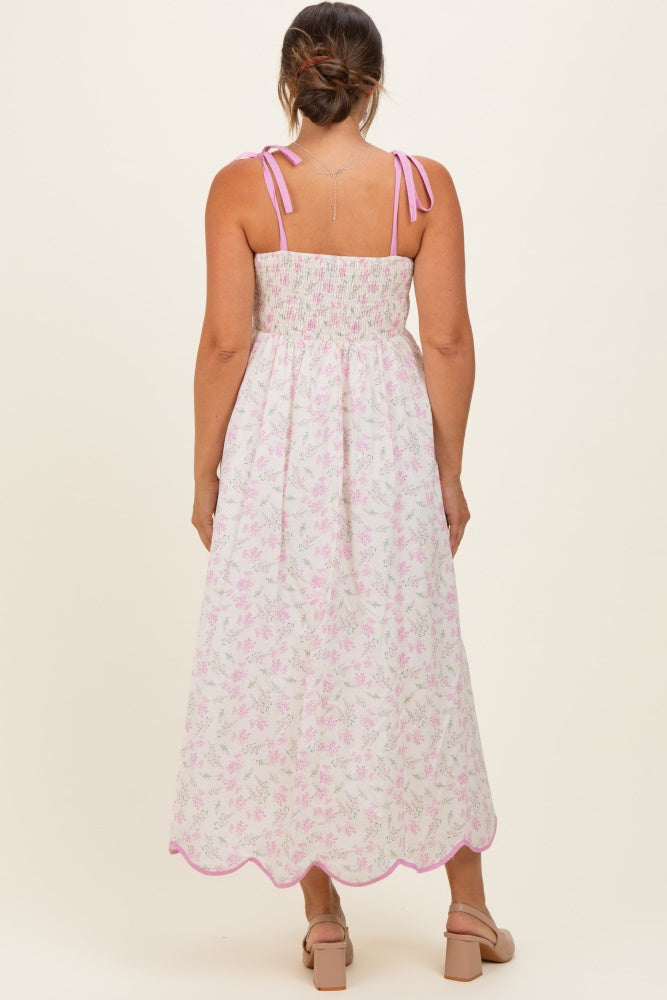 Pink Floral Scallop Hem Shoulder Tie Maternity Midi Dress
