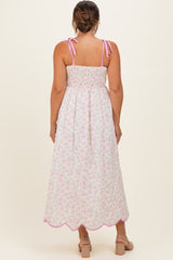 Pink Floral Scallop Hem Shoulder Tie Maternity Midi Dress