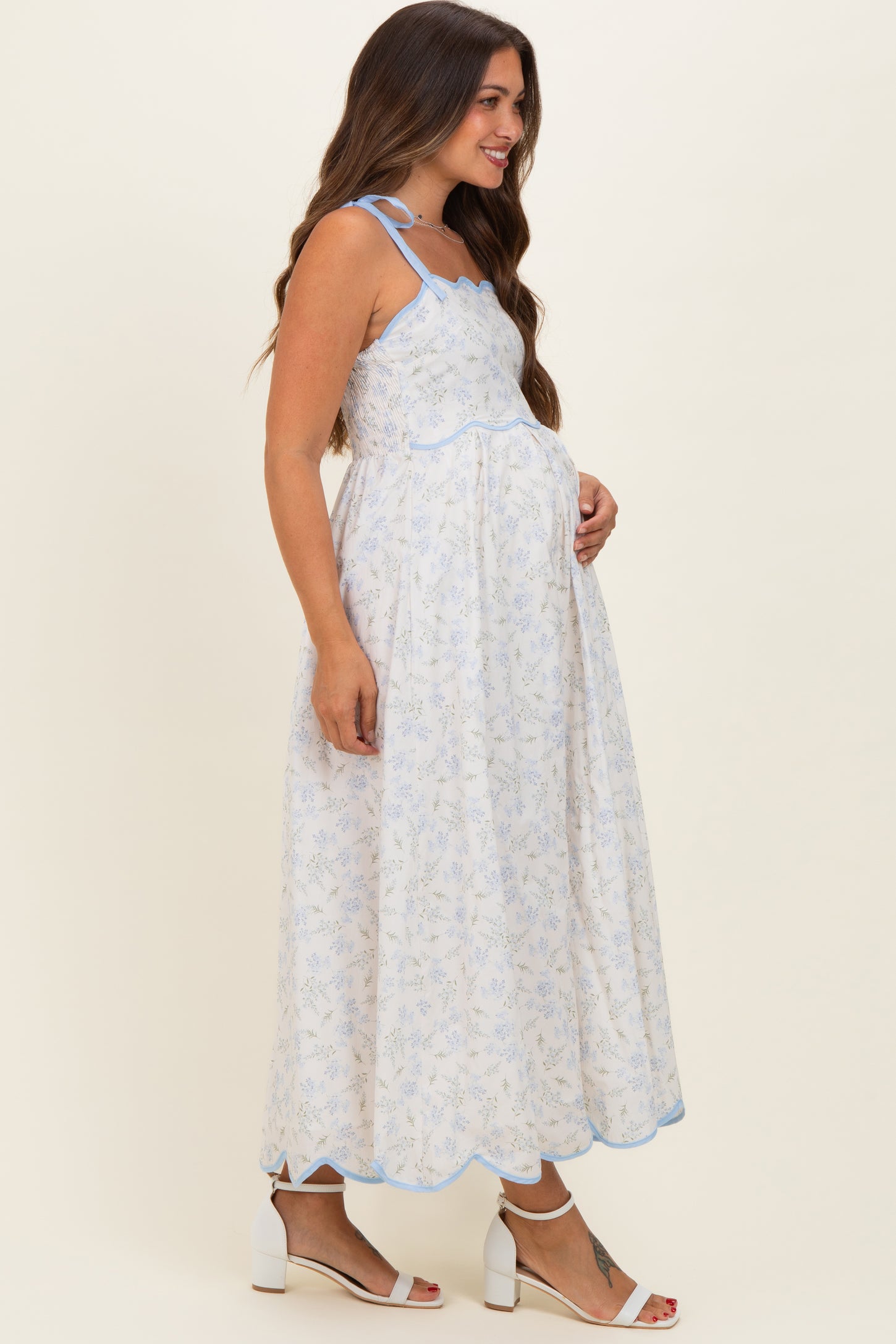Blue Floral Scallop Hem Shoulder Tie Maternity Midi Dress