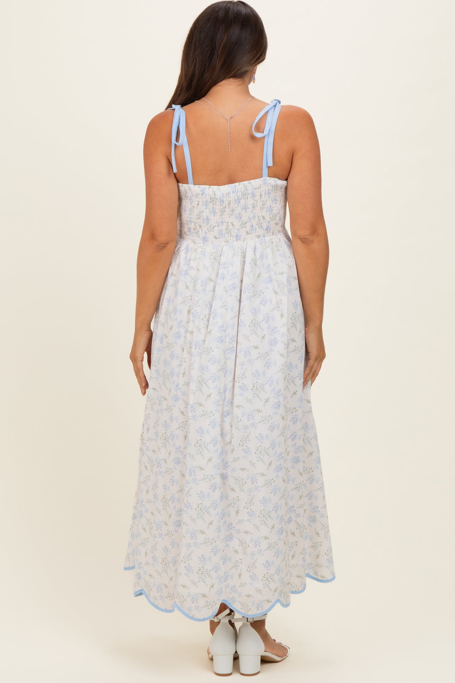 Blue Floral Scallop Hem Shoulder Tie Maternity Midi Dress