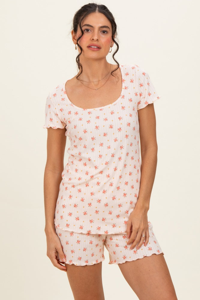 Peach Floral Ribbed Lounge Set