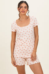 Peach Floral Ribbed Lounge Set