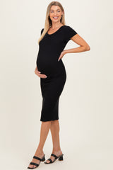 Black Ribbed Short Sleeve Maternity Midi Dress