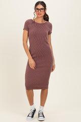 Red Brown Ribbed Short Sleeve Maternity Midi Dress