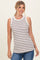 woman wearing a sleeveless white and brown striped tank top with a round neckline and a fitted silhouette