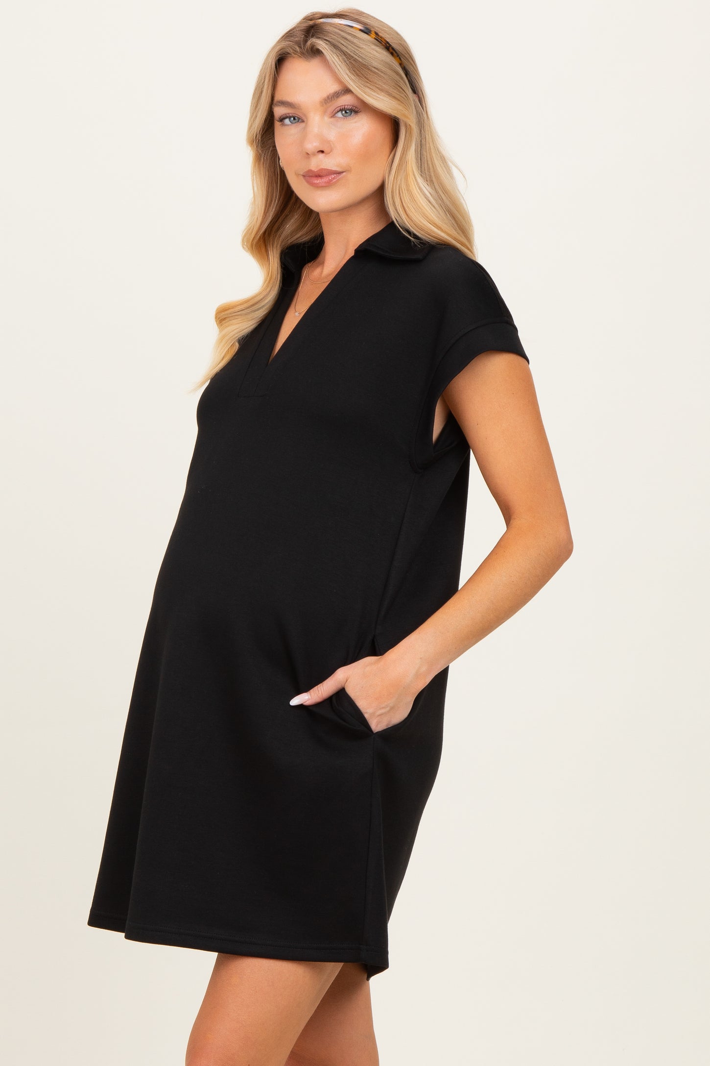 Black Collared Maternity Pocket Dress