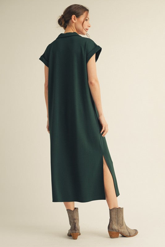 Hunter Green Collared Oversized Midi Dress