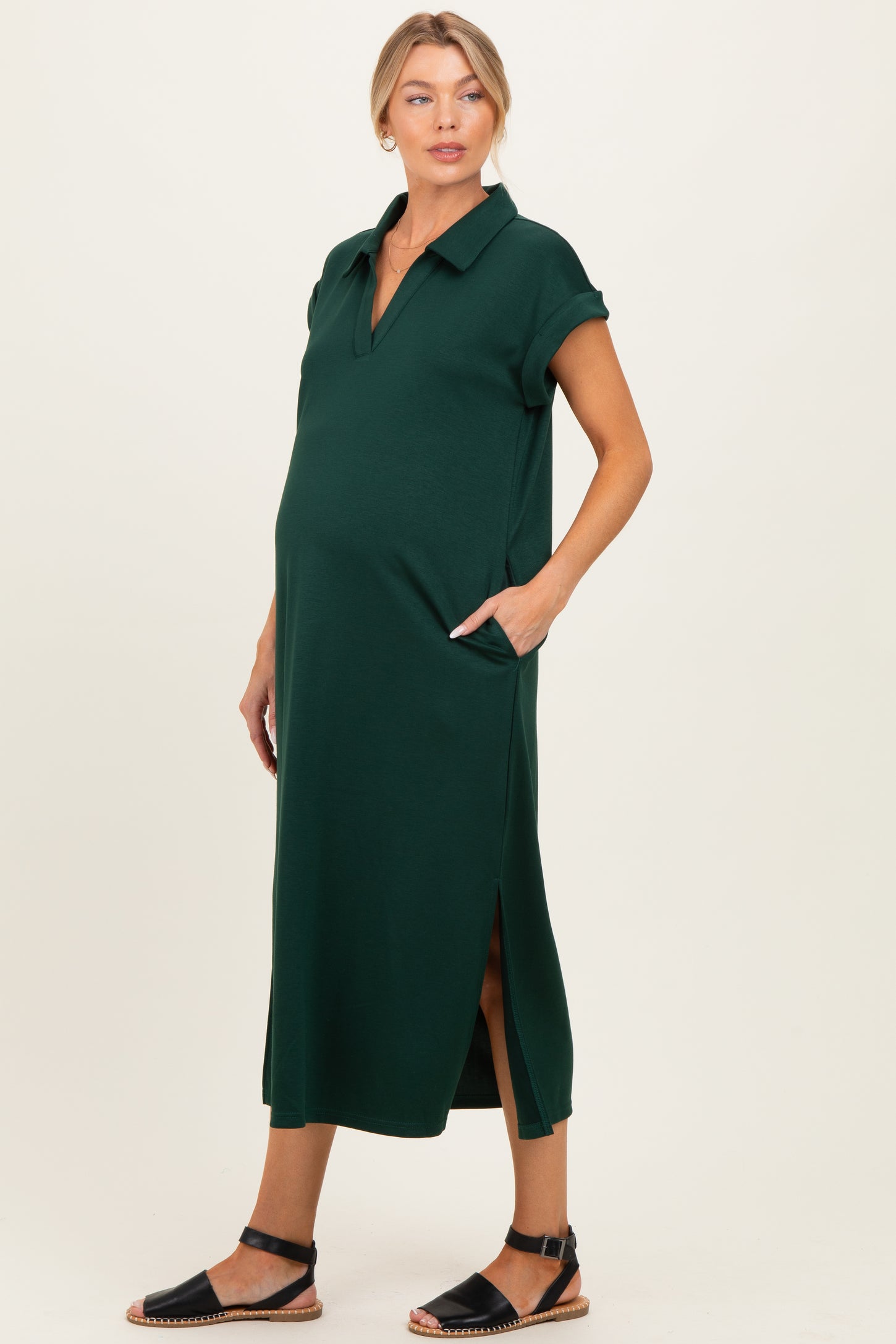 Hunter Green Collared Oversized Maternity Midi Dress