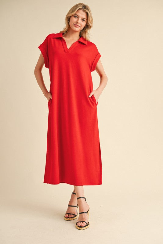 Tomato Red Collared Oversized Midi Dress