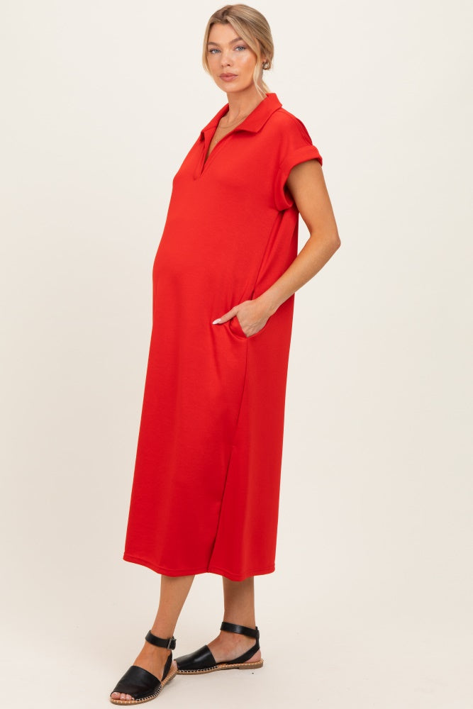 Tomato Red Collared Oversized Maternity Midi Dress