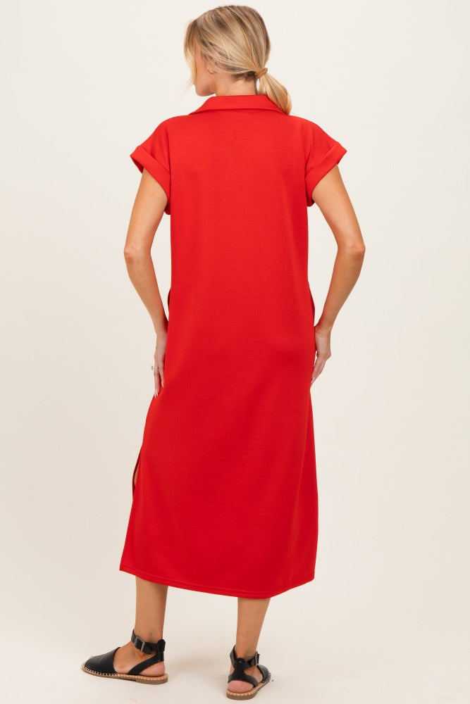 Tomato Red Collared Oversized Maternity Midi Dress